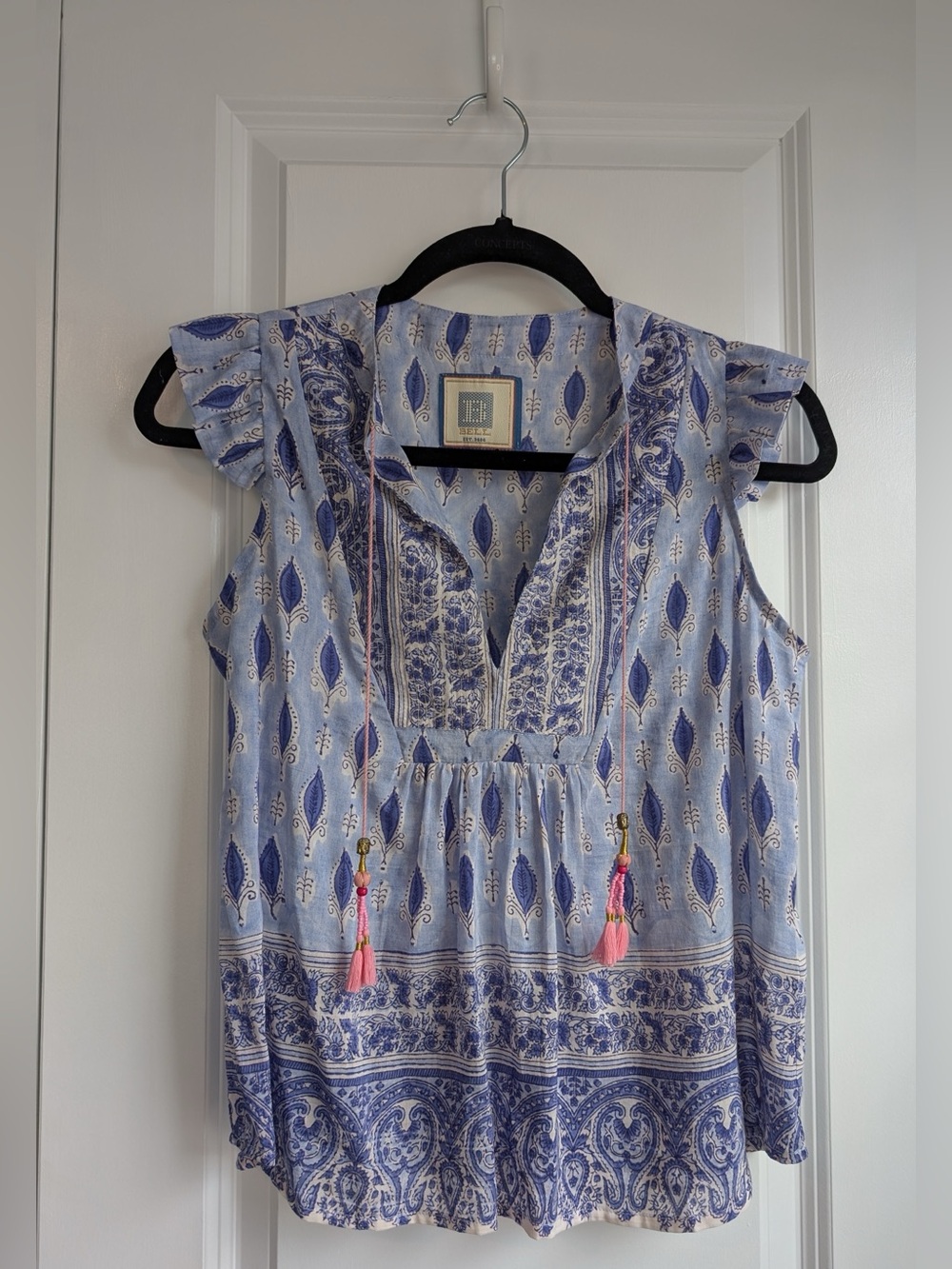 Bell by Alicia Bell Kiara Split Neck Tassel Tie Ruffle Sleeve Blue Boho Sz XS